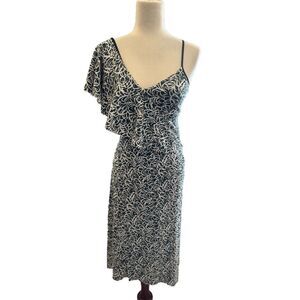 Club Monaco One Shoulder Ruffle Cocktail Party Dress Black White Swirl Stretch 0